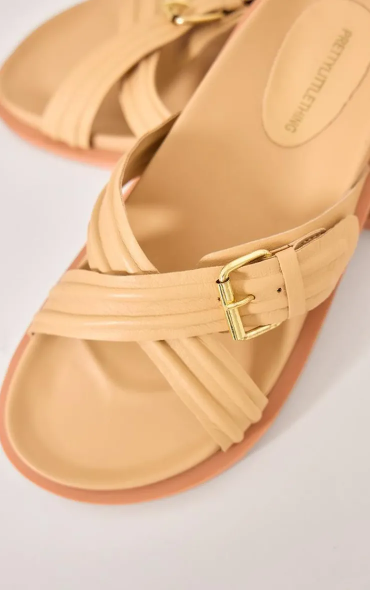 PrettyLittleThing Flat Sandals*Real Leather Round Toe Cross Over Buckle Detail Strap Footbed Sandals