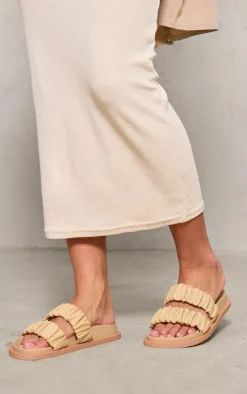 PrettyLittleThing Flat Sandals*Real Leather Round Toe Ruched Detail Strap Footbed Sandals