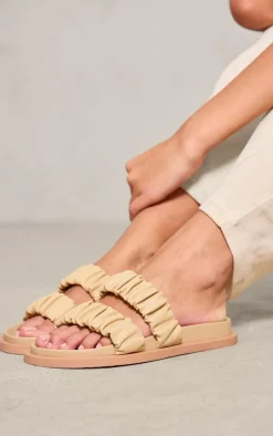 PrettyLittleThing Flat Sandals*Real Leather Round Toe Ruched Detail Strap Footbed Sandals