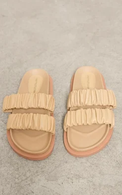 PrettyLittleThing Flat Sandals*Real Leather Round Toe Ruched Detail Strap Footbed Sandals