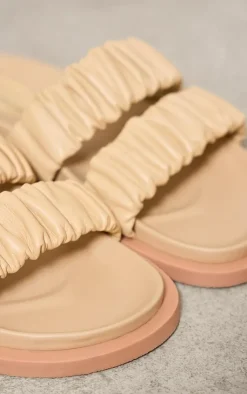 PrettyLittleThing Flat Sandals*Real Leather Round Toe Ruched Detail Strap Footbed Sandals