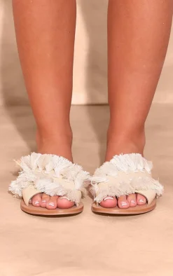 PrettyLittleThing Flat Sandals*Real Leather Round Toe Cross Strap Tassel Flat Sandals