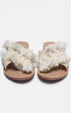 PrettyLittleThing Flat Sandals*Real Leather Round Toe Cross Strap Tassel Flat Sandals