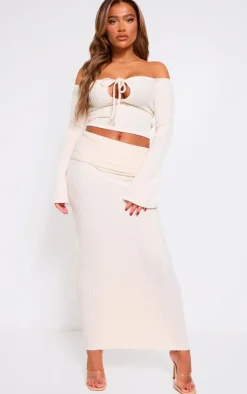 Clearance PrettyLittleThing Rib Fold Over Waist Maxi Skirt Cream