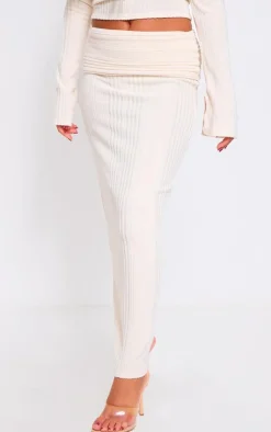 Clearance PrettyLittleThing Rib Fold Over Waist Maxi Skirt Cream