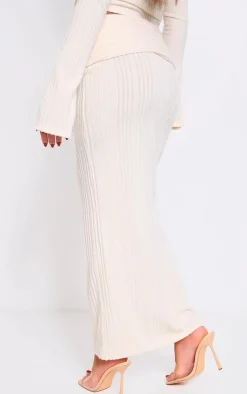 Clearance PrettyLittleThing Rib Fold Over Waist Maxi Skirt Cream