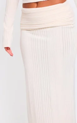 Clearance PrettyLittleThing Rib Fold Over Waist Maxi Skirt Cream