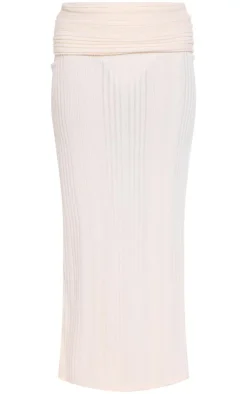 Clearance PrettyLittleThing Rib Fold Over Waist Maxi Skirt Cream