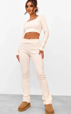 Clearance PrettyLittleThing Rib Fold Over Waist Flared Pants Cream