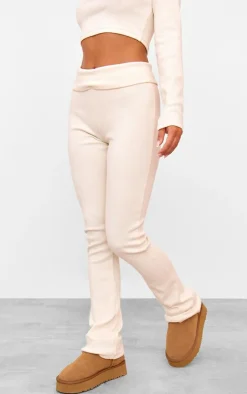 Clearance PrettyLittleThing Rib Fold Over Waist Flared Pants Cream
