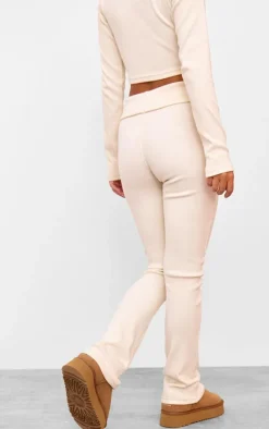 Clearance PrettyLittleThing Rib Fold Over Waist Flared Pants Cream