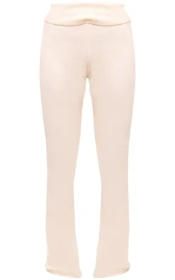 Clearance PrettyLittleThing Rib Fold Over Waist Flared Pants Cream