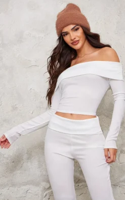 Outlet PrettyLittleThing Rib Foldover Bardot Flute Sleeve Longline Top Cream