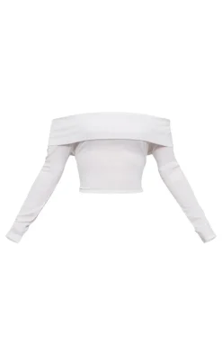 Outlet PrettyLittleThing Rib Foldover Bardot Flute Sleeve Longline Top Cream