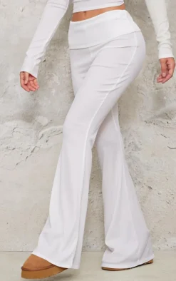 New PrettyLittleThing Rib Foldover Low Rise Flared Pants Cream