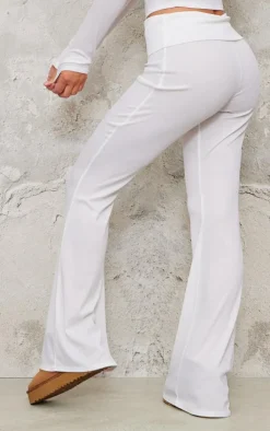 New PrettyLittleThing Rib Foldover Low Rise Flared Pants Cream