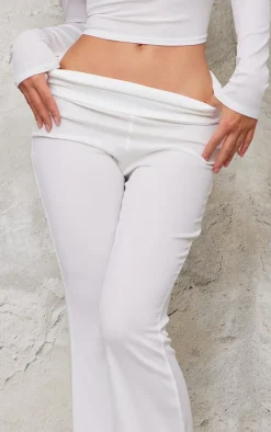 New PrettyLittleThing Rib Foldover Low Rise Flared Pants Cream