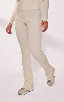 Sale PrettyLittleThing Rib Knit Flared Pants Cream