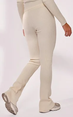 Sale PrettyLittleThing Rib Knit Flared Pants Cream