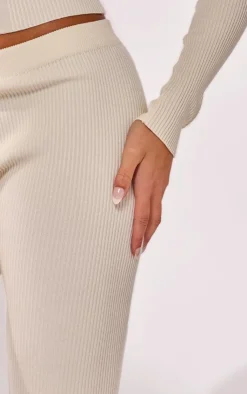 Sale PrettyLittleThing Rib Knit Flared Pants Cream