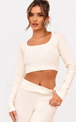 Hot PrettyLittleThing Rib Scoop Neck Long Sleeve Crop Top Cream