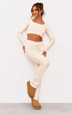 Hot PrettyLittleThing Rib Scoop Neck Long Sleeve Crop Top Cream