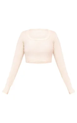 Hot PrettyLittleThing Rib Scoop Neck Long Sleeve Crop Top Cream
