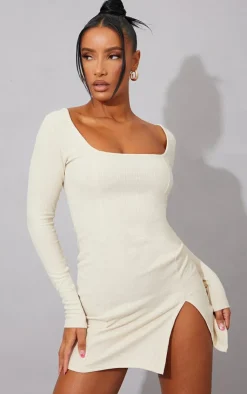 Rib Split Hem Square Neck Long Sleeve Bodycon Dress-PrettyLittleThing Outlet