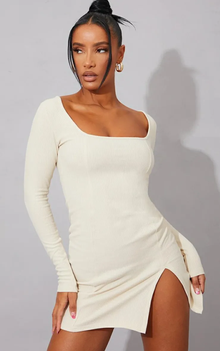 Rib Split Hem Square Neck Long Sleeve Bodycon Dress-PrettyLittleThing Outlet