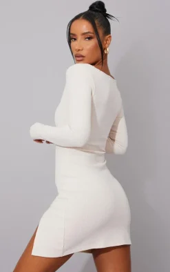 Rib Split Hem Square Neck Long Sleeve Bodycon Dress-PrettyLittleThing Outlet
