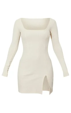Rib Split Hem Square Neck Long Sleeve Bodycon Dress-PrettyLittleThing Outlet