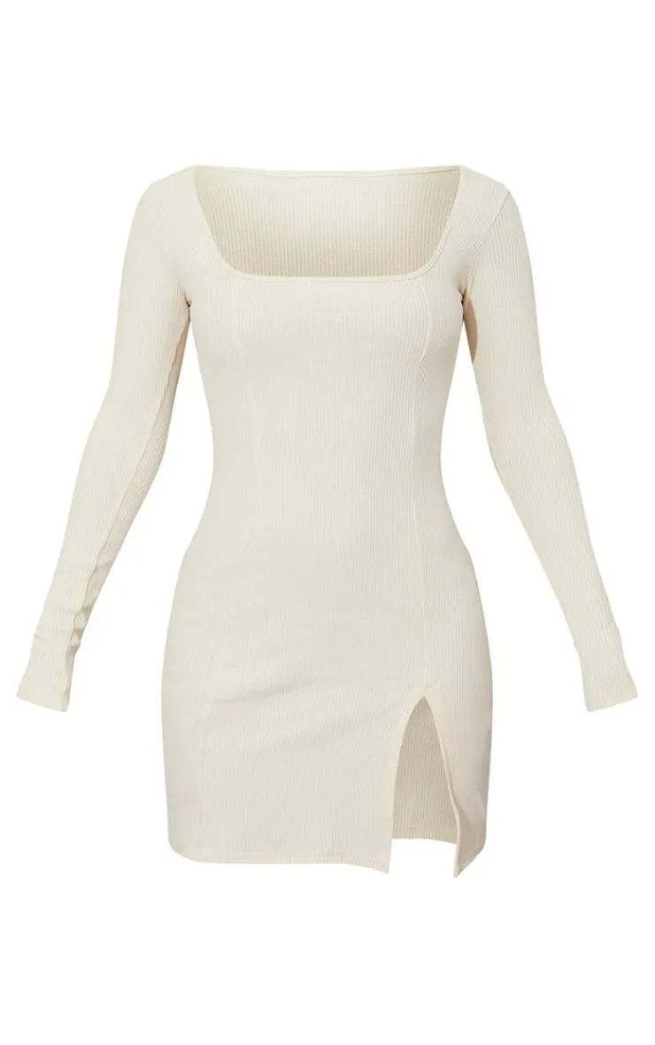 Rib Split Hem Square Neck Long Sleeve Bodycon Dress-PrettyLittleThing Outlet