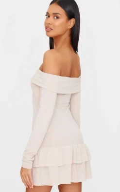 Ribbed Bardot Cross Over Bust Detail Shift Dress-PrettyLittleThing Outlet