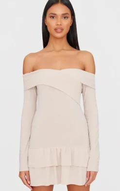 Ribbed Bardot Cross Over Bust Detail Shift Dress-PrettyLittleThing Outlet