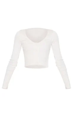 Outlet PrettyLittleThing Ribbed Button Front Long Sleeve Top Cream