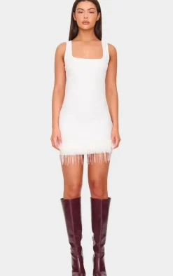 Ribbed Feather Hem Bodycon Dress-PrettyLittleThing Online