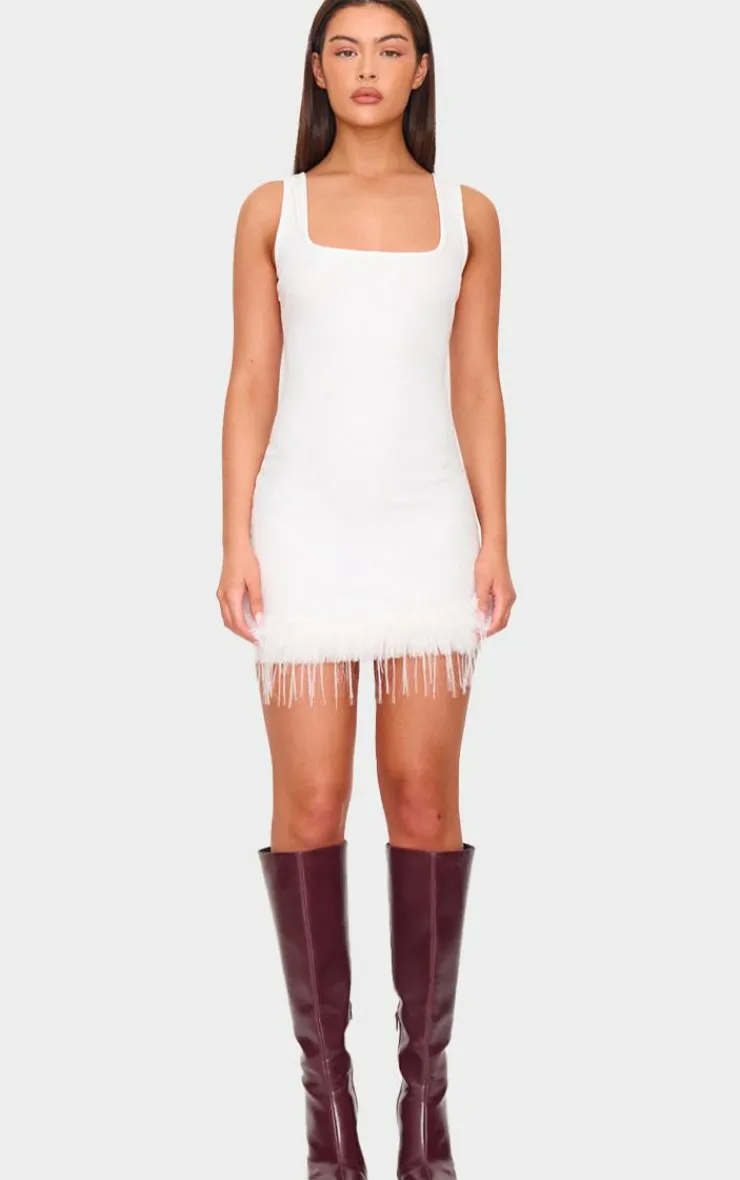 Ribbed Feather Hem Bodycon Dress-PrettyLittleThing Online