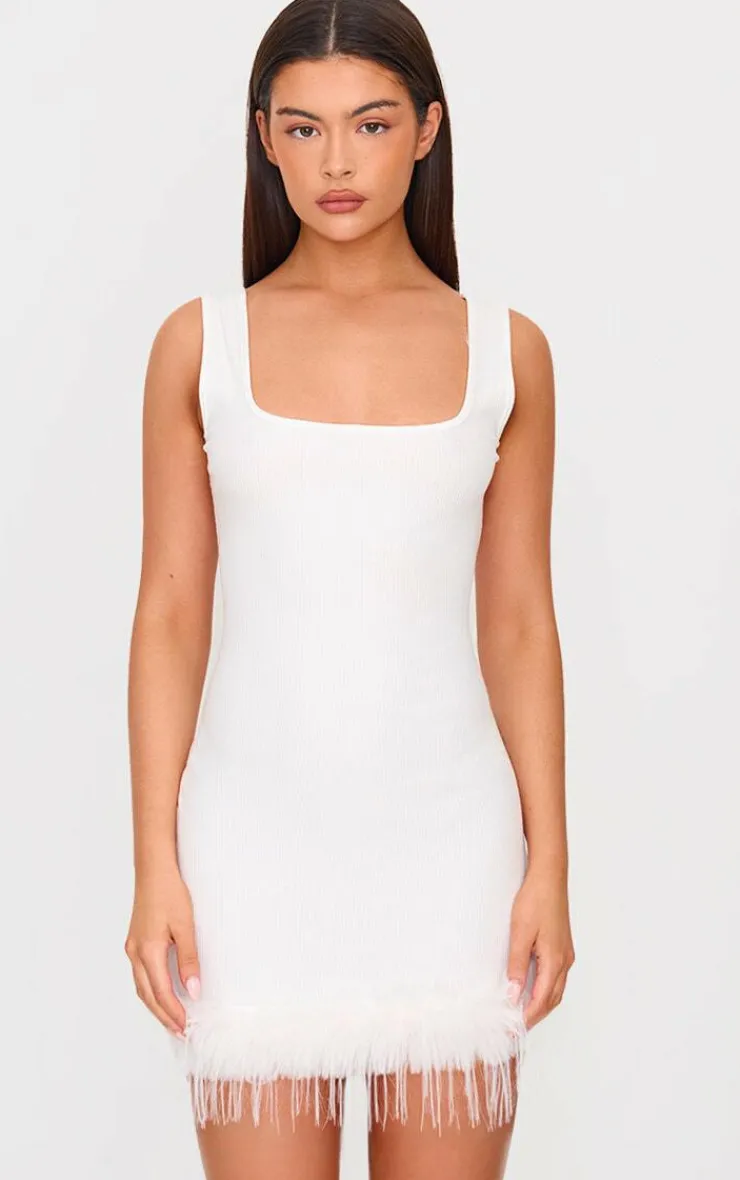 Ribbed Feather Hem Bodycon Dress-PrettyLittleThing Online