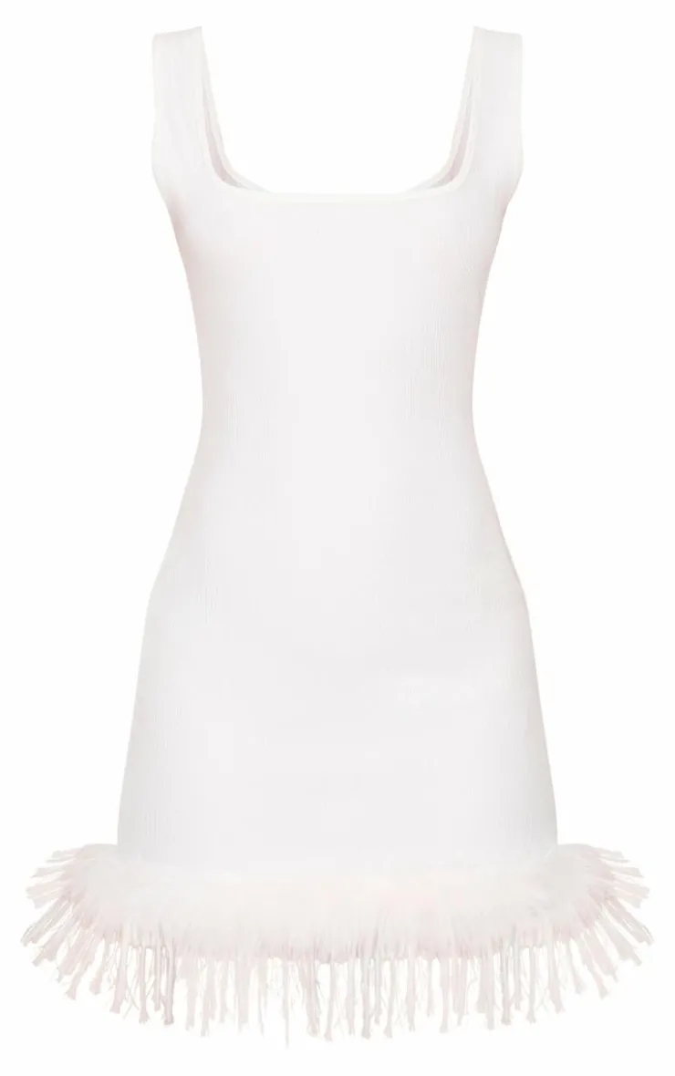 Ribbed Feather Hem Bodycon Dress-PrettyLittleThing Online
