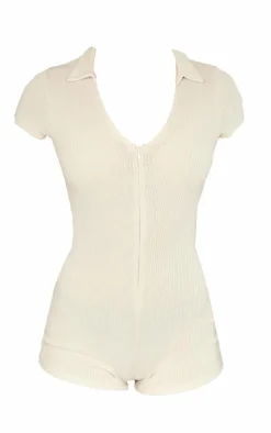 Cream Ribbed Jersey Zip Up Collar Romper