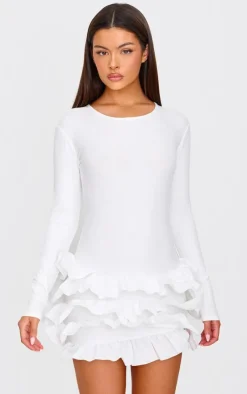 Ribbed Long Sleeve Frill Mini Dress-PrettyLittleThing Clearance