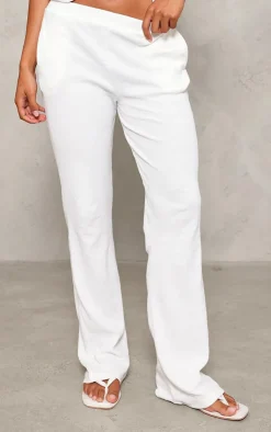PrettyLittleThing Ribbed Wide Leg Pants Cream