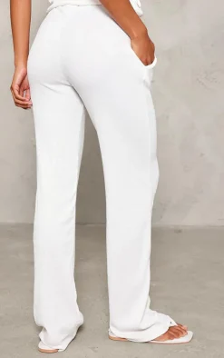 PrettyLittleThing Ribbed Wide Leg Pants Cream
