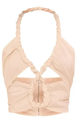 Cream Rope Detail Linen Look Cut Out Crop Top