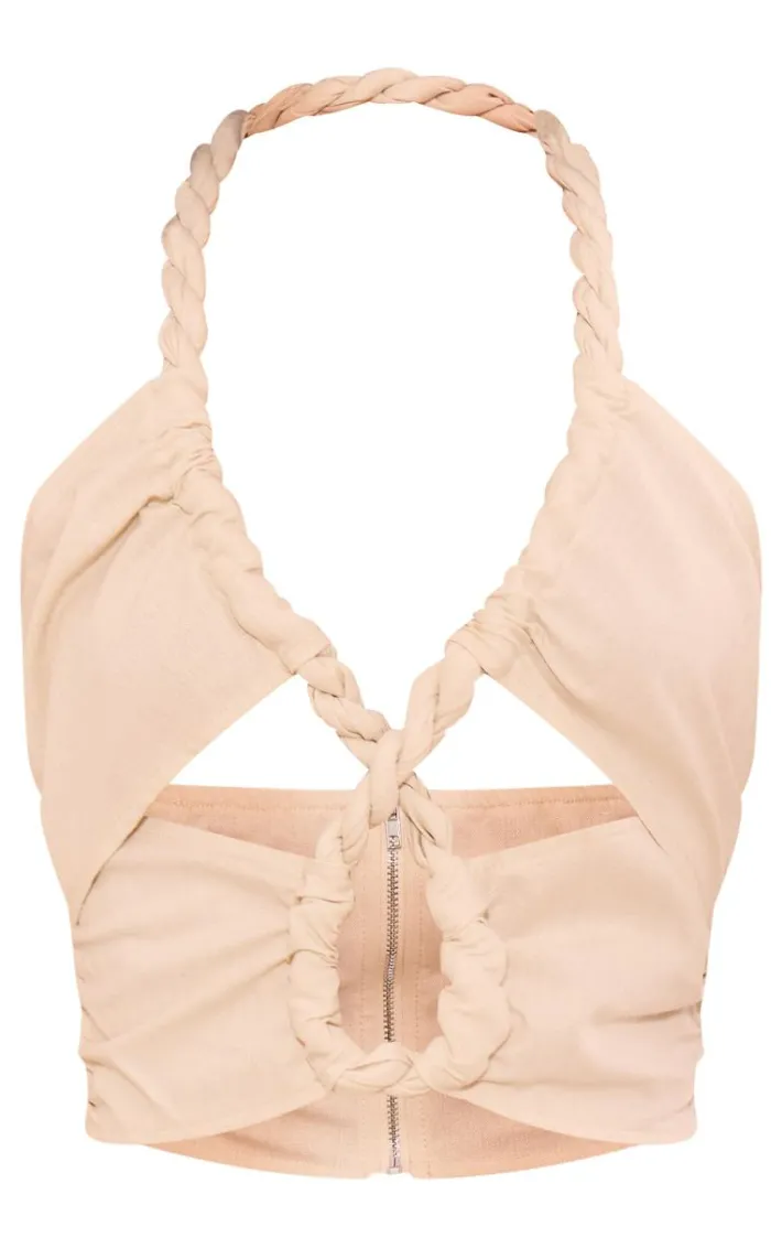Cream Rope Detail Linen Look Cut Out Crop Top