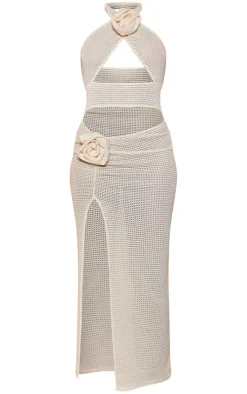 Rose Detail Halterneck Knit Midi Dress-PrettyLittleThing Online
