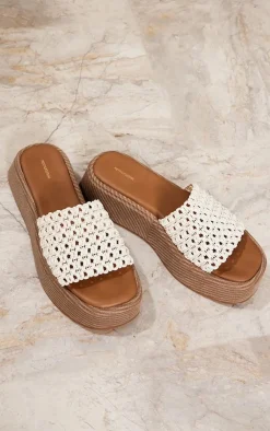 PrettyLittleThing Flat Sandals*Round Toe Crochet Strap Platform Flat Sandals