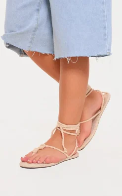 PrettyLittleThing Flat Sandals*Cream Round Toe Rope Lace Up Toe Thong Flat Sandals