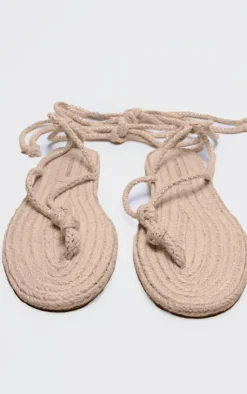 PrettyLittleThing Flat Sandals*Cream Round Toe Rope Lace Up Toe Thong Flat Sandals