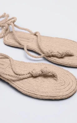 PrettyLittleThing Flat Sandals*Cream Round Toe Rope Lace Up Toe Thong Flat Sandals